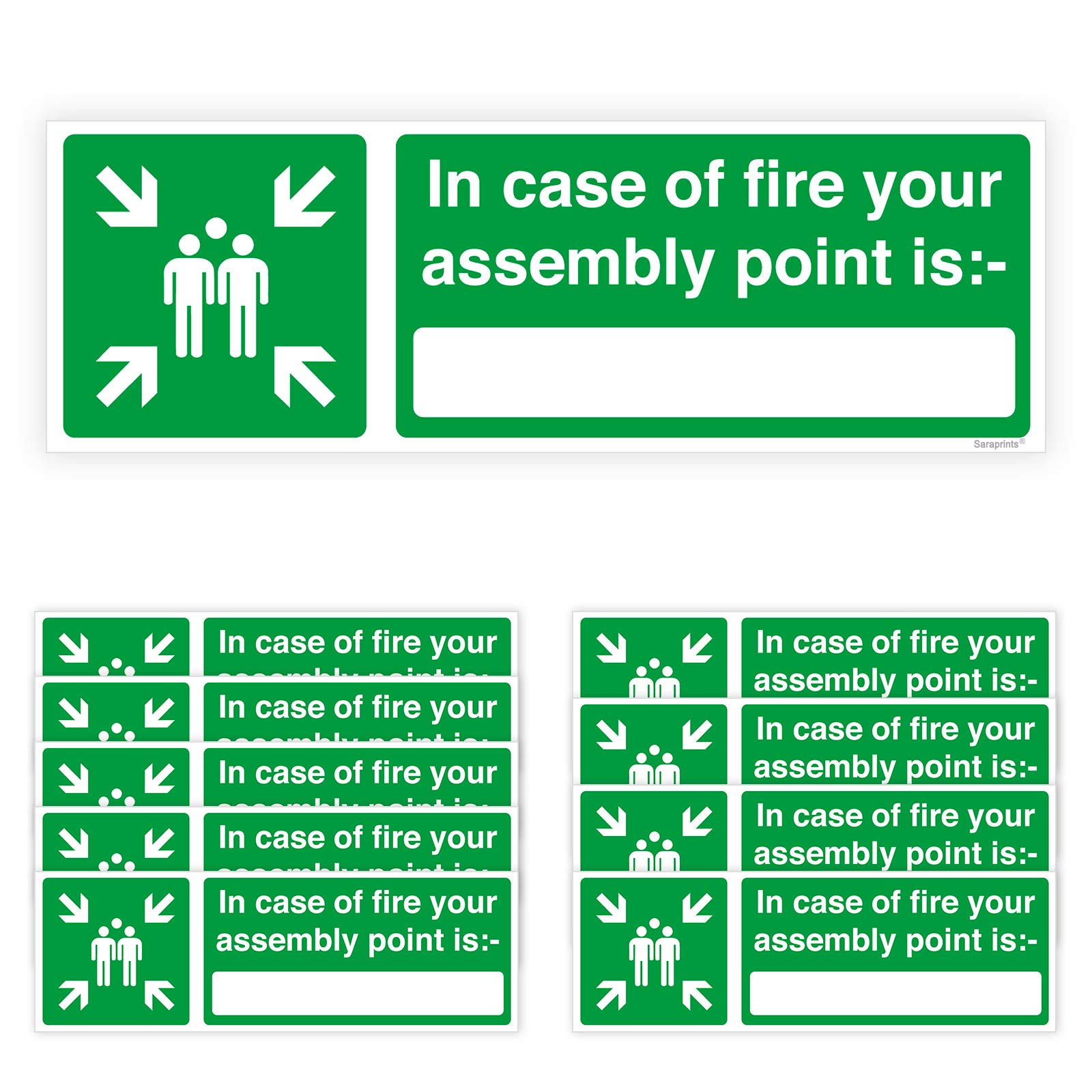 Pack of 10 Fire Evacuation Sign Self Adhesive (300 x 100 mm) Fire Assembly Point Sign Outdoor Fire Safety Signs for Office, Schools & Malls Sara Prints®