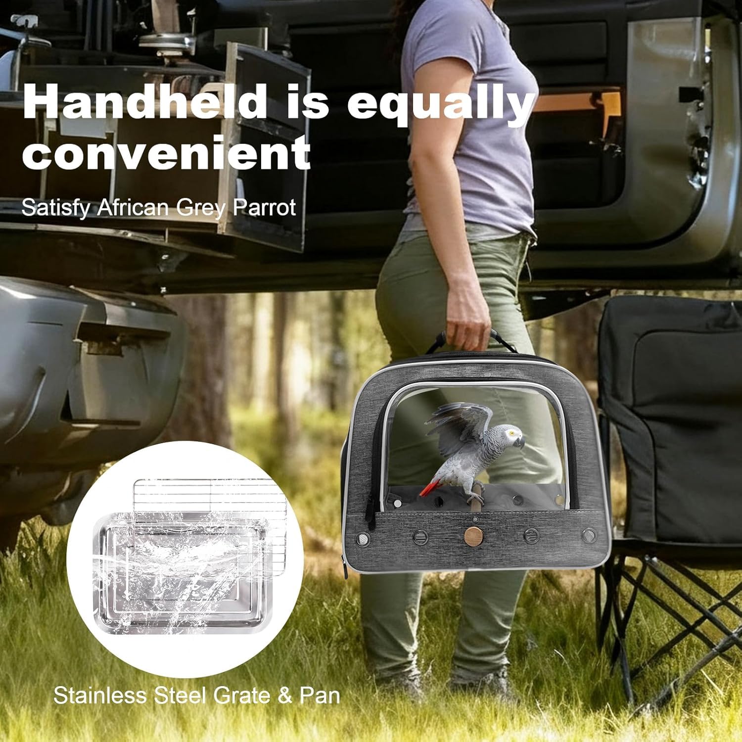 Vogeltrage zum Transport großer Papageien, tragbare Tasche mit Metallschale und Gitter für mittelgroße und große Vögel wie Graupapageien, Nymphensittiche und Papageien mit langem Schwanz (Grau, L)