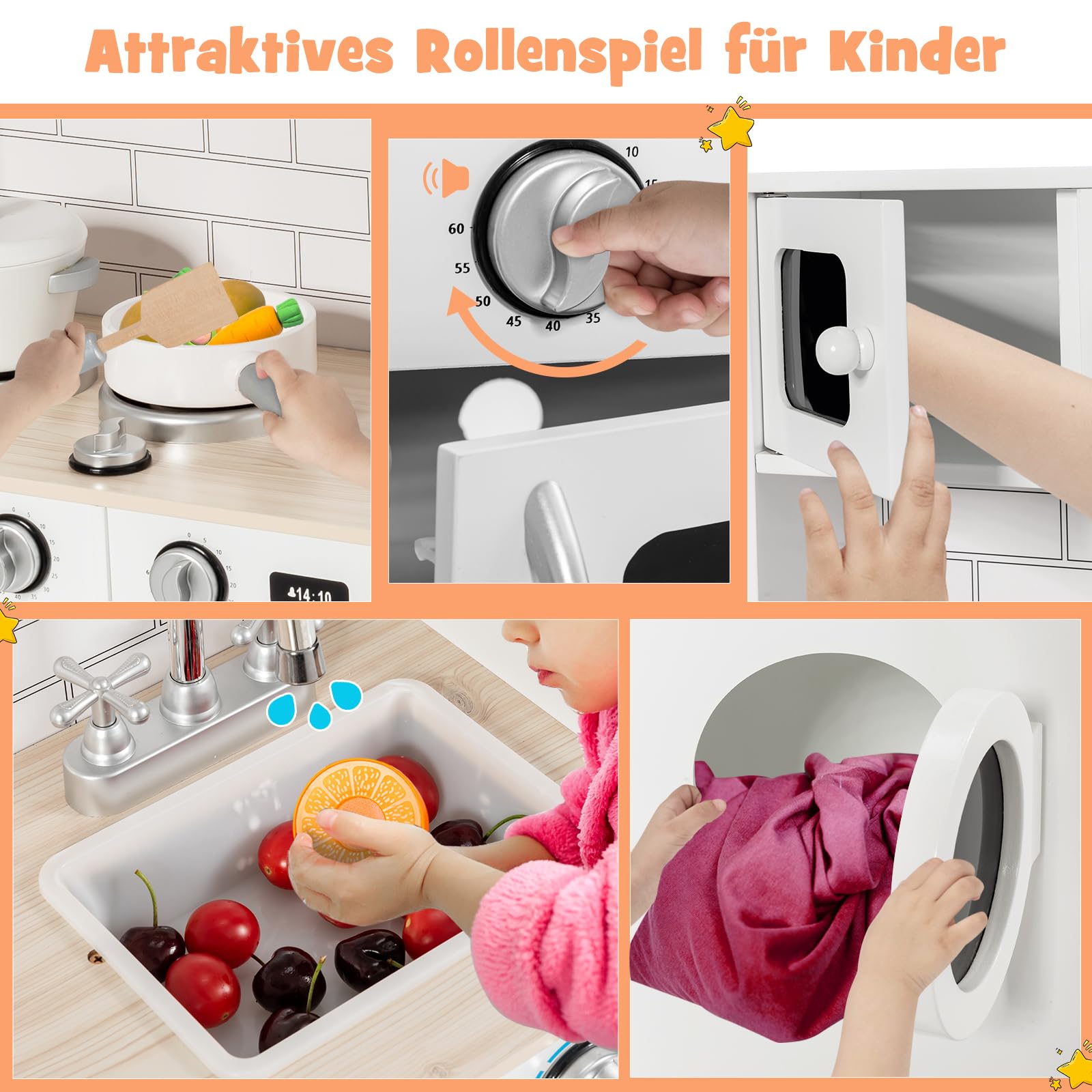 DREAMADE Kinderküche aus Holz, Spielküche mit Spielzubehör, Kinderspielküche mit Spüle Herd Backofen Mikrowelle Waschmaschine, Holzküche Spielzeugküche für Kinder ab 3 Jahren, 78 x 29 x 93 cm