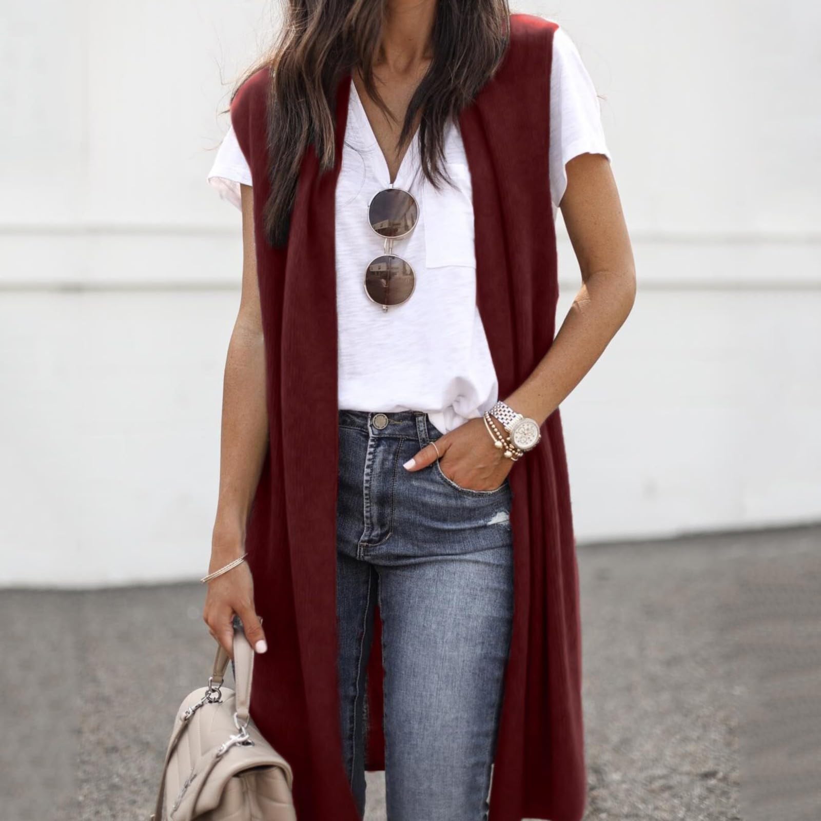 Generisch Chaqueta de punto para mujer, chaleco de punto largo, chaleco ligero sin mangas, elegante, fino, frente abierto, chalecos sin mangas, abrigo de punto, cárdigan largo, cárdigan de punto