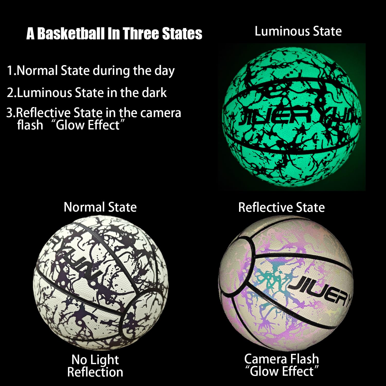 JIUERYUN Luminous Reflective Basketball Lightning Pattern, 3 States of Basketball,Gift for a Friend, Communion Gifts for Boys, Official Standard Size 7