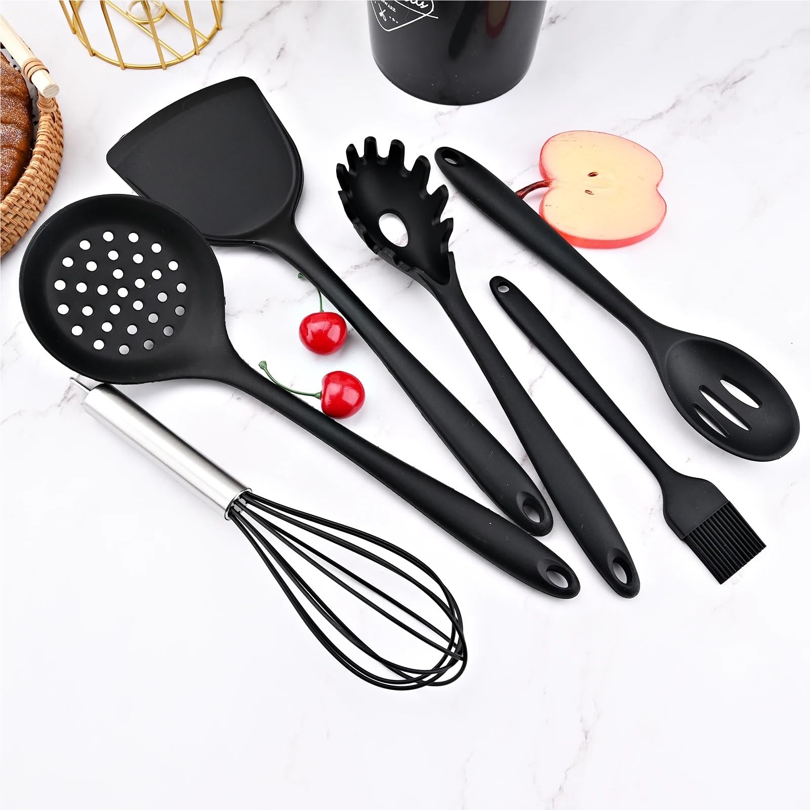 Silikon Küchenhelfer Set Schwarzes Silikon-Kochutensilien-Set, antihaftbeschichtet, Spachtel, Schaufel, Suppenlöffel(6Pcs Set)