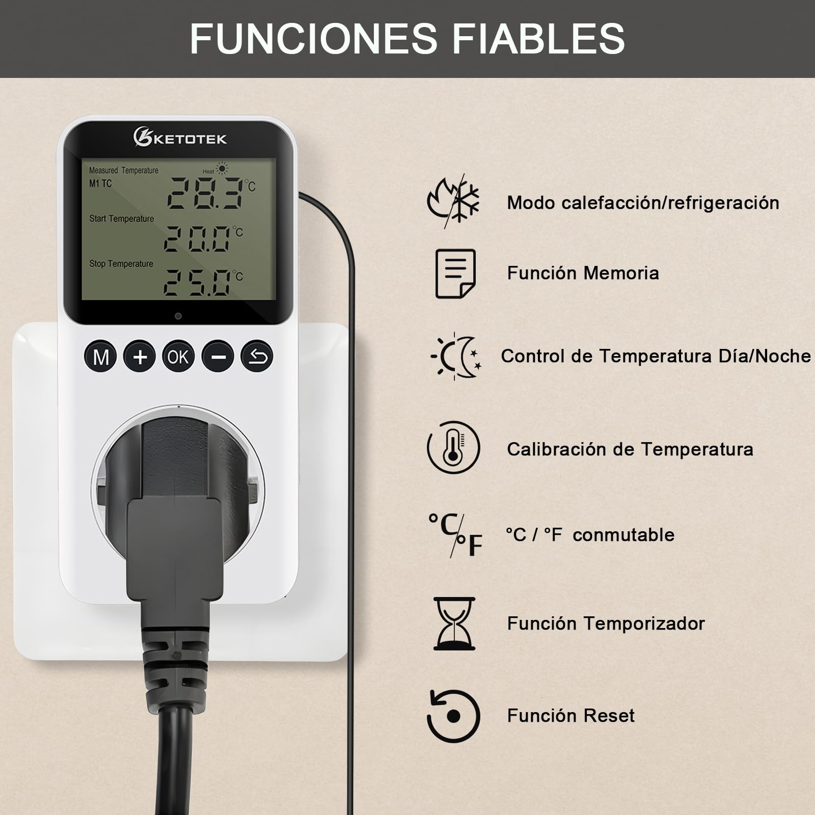 KETOTEK Digital Termostato Enchufe Dia Noche Controlador de Temperatura con Sonda, Enchufe Termostato Temporizador para Reptil Terrario Invernadero Refrigerador 220V, Blanco
