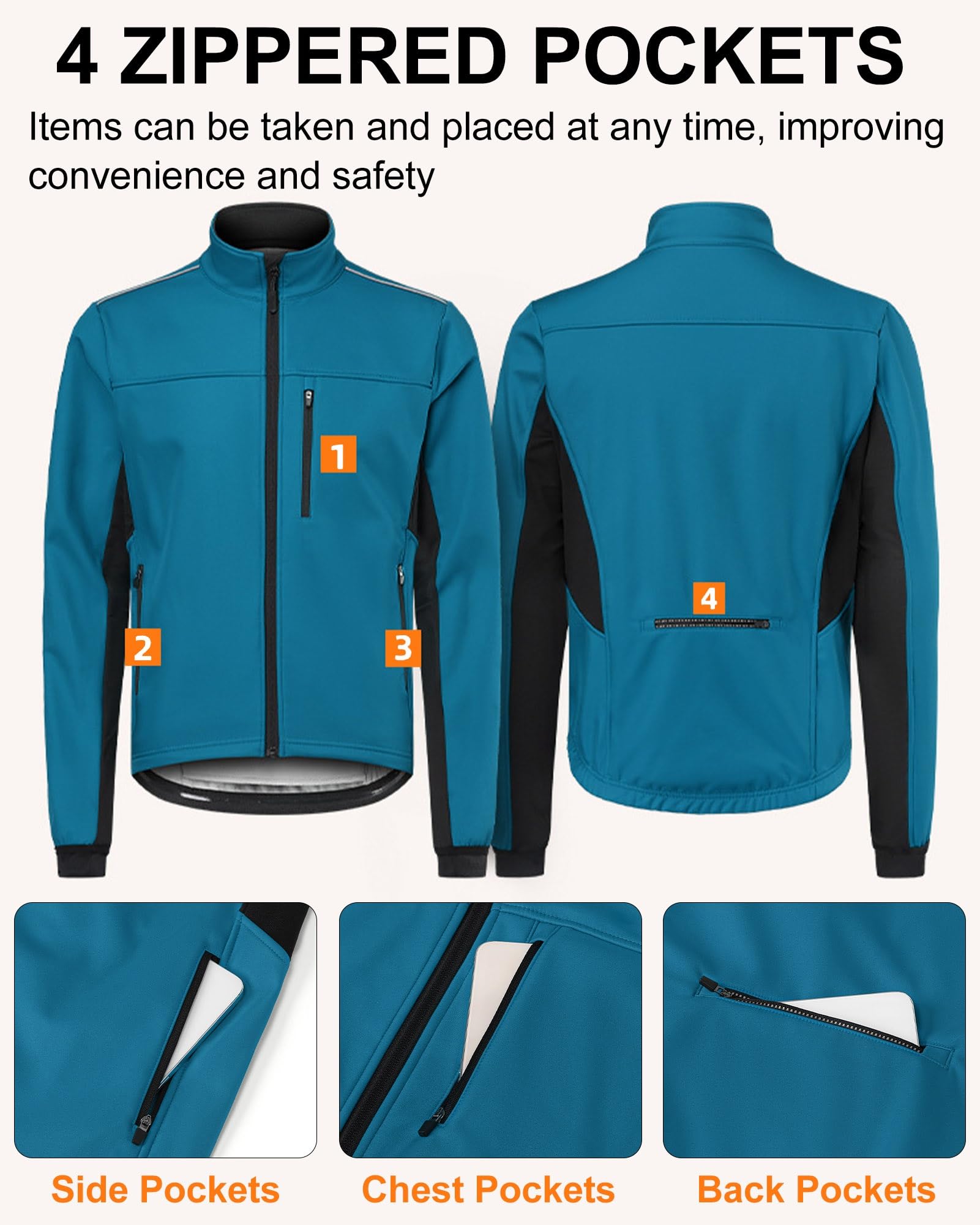 Chaqueta Hombre Ciclismo Invierno Polar Térmica Impermeable Cortavientos para Bici Montaña y Running con 4 Bolsillos