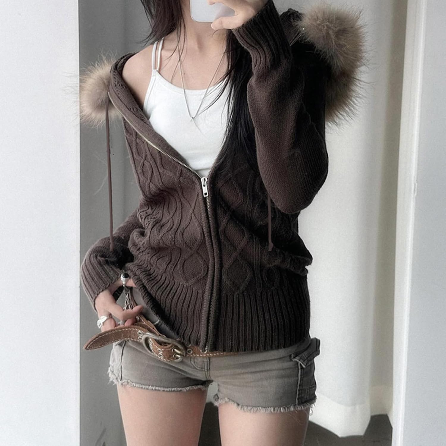 Women Faux Fur Hood Jacket Y2k Zip Up Hoodie Long Sleeve Knitted Zipper Hooded Fur Trim Jackets Vintage Trendy