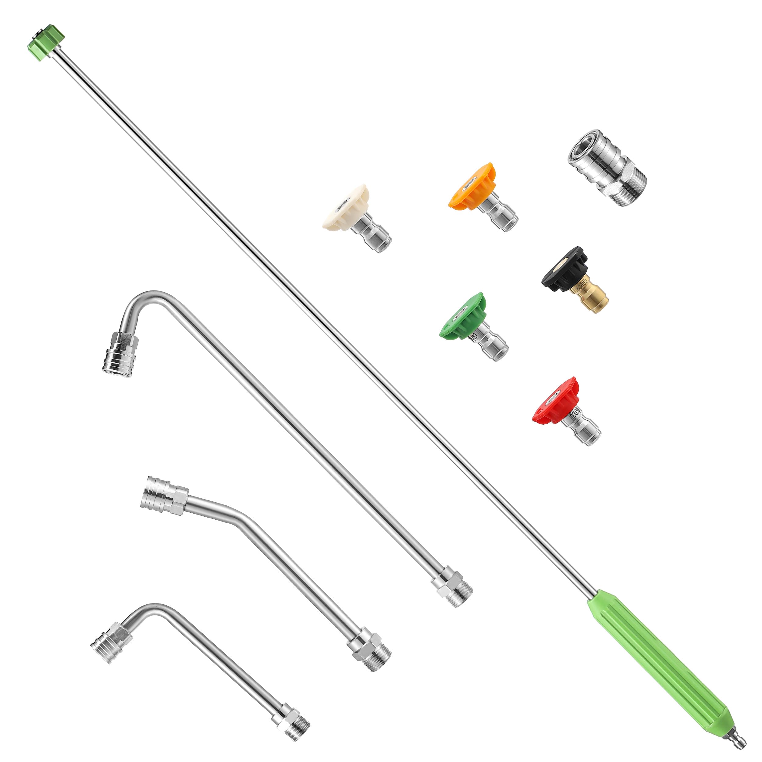 Pressure Washer Extension Wand, 60” Power Washer Wand Extension with Molded Grip, Pressure Washer Accessories with 30°/90°/120° Curved Rods, 5 Spray Nozzle Tips, 1/4” Quick Connect