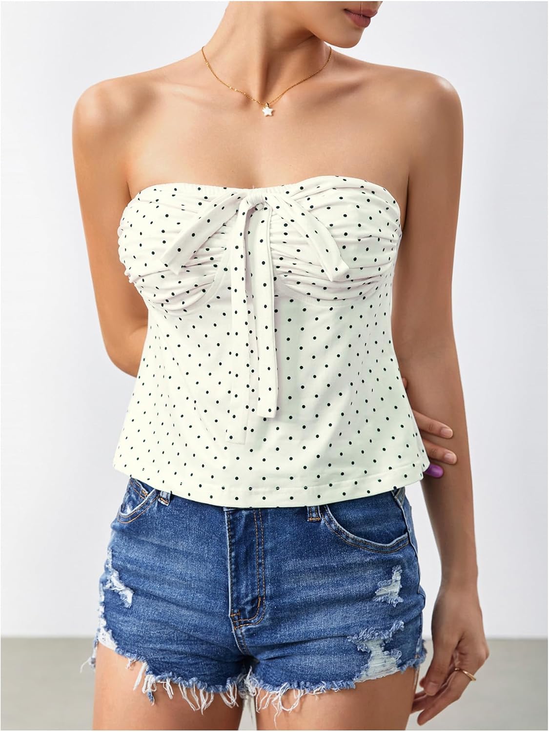 Milumia Women's Polka Dots Tube Tops Y2k Strapless Pleated Babydoll Peplum Top - Image 2