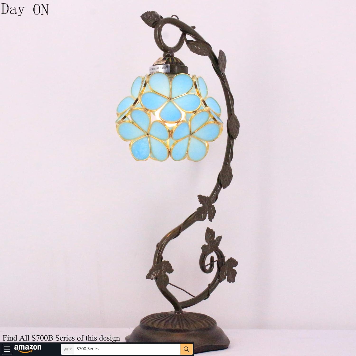 ❤ Crаzу Dеаlѕ Bedside Tiffany Table Lamp Stained Glass Reading Desk Light Blue Petal Copper Style Metal Leaf Thin Base 21 Tall for Small Space Living Room Bedroom Memory Lamp Sympathy WERFACTORY LED Bulb Included