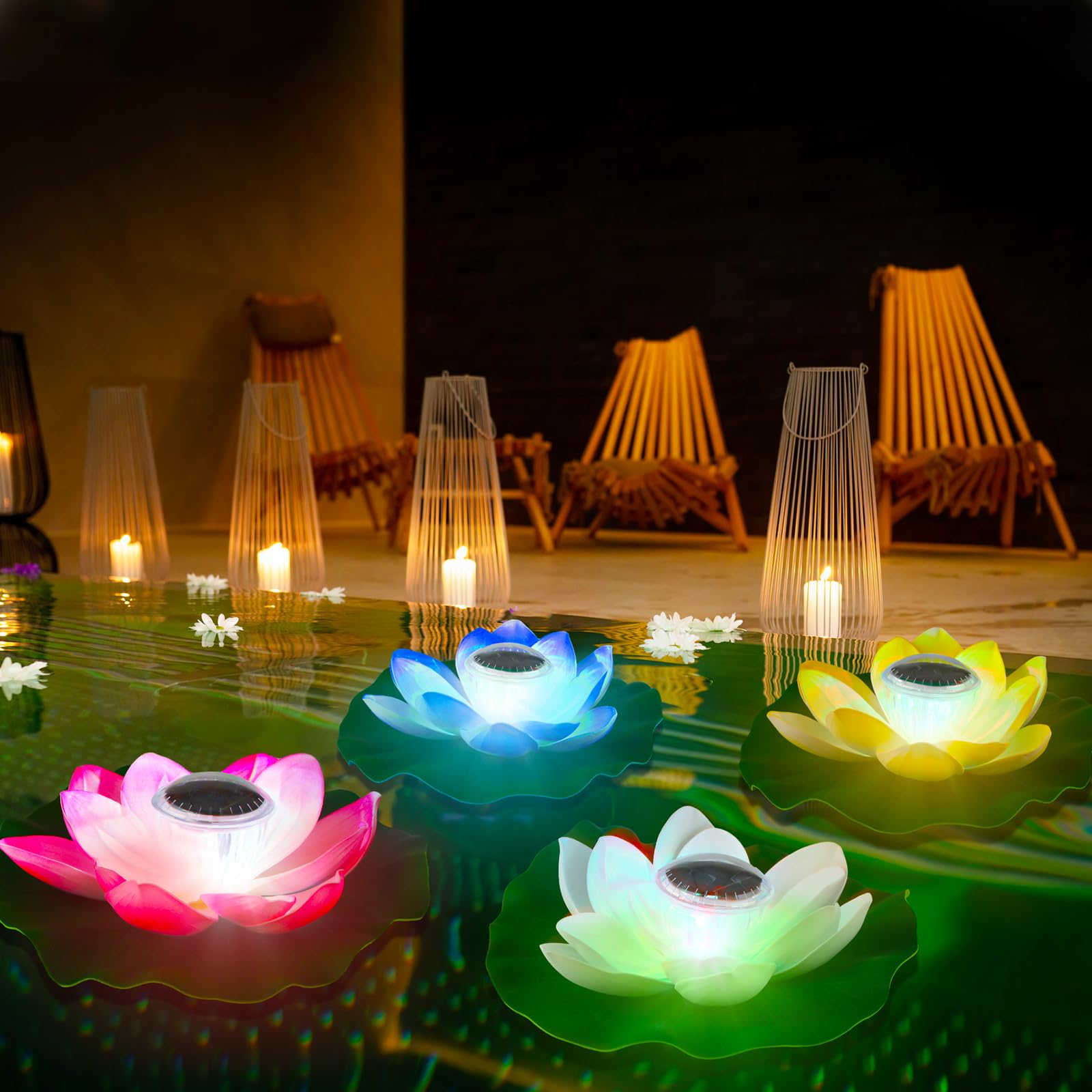 VIHOSE 4 luces solares de 11 pulgadas para estanque, lámpara flotante de flor de loto, luz de lirio, luz flotante para piscina, estanque, decoración de jardín, 4 unidades
