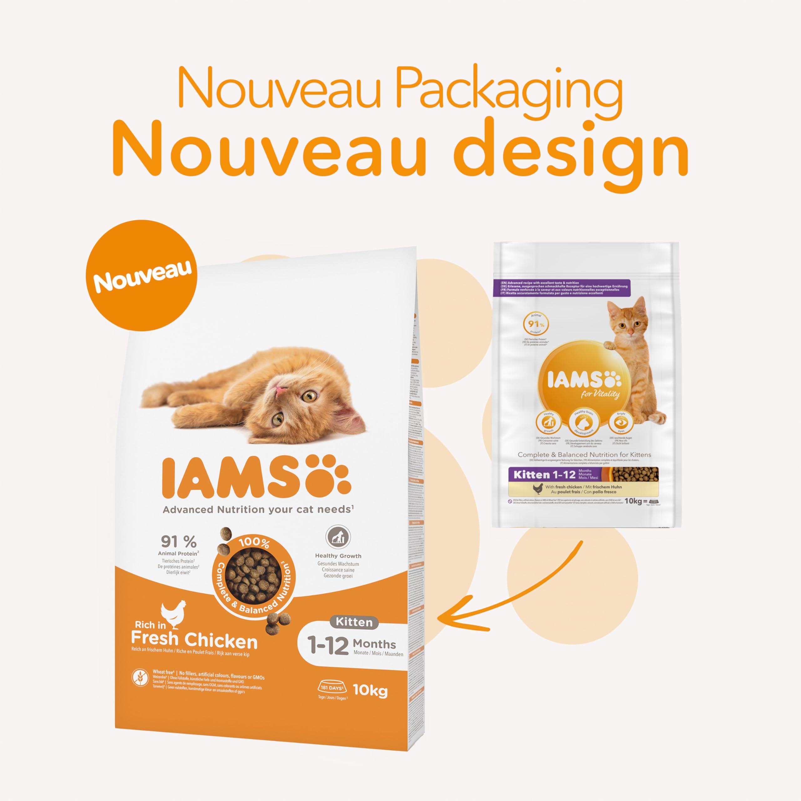 IAMS Vitality - Croquettes Super Premium Chatons - savoureuses complètes équilibrées - Favorise Croissance et Vitalité - Au Poulet Frais – sans OGM Colorant arôme Artificiel - Sac refermable de 10 kg