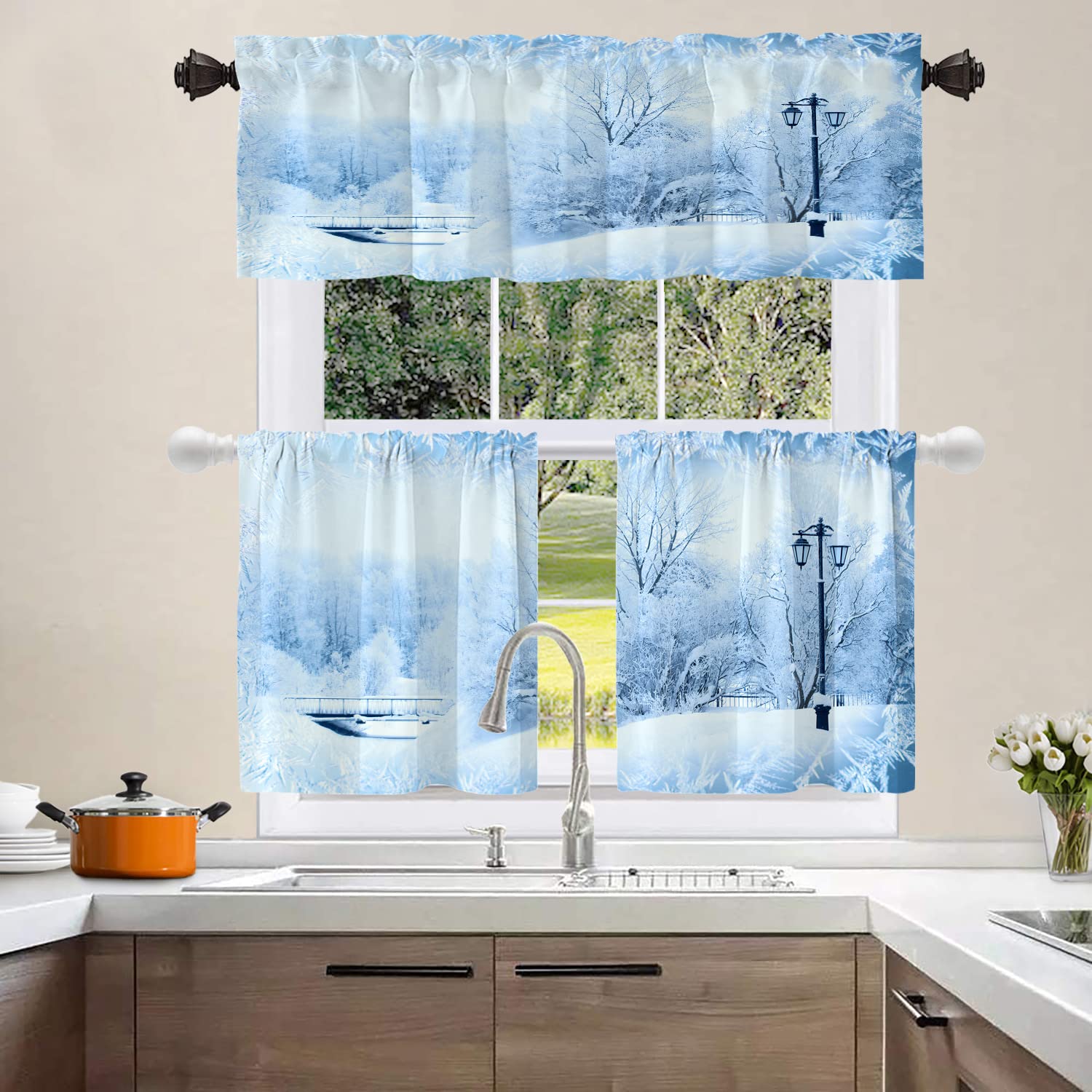 Shrahala Landscape Trees Kitchen Valances Half Window Curtain, Blue Christmas Winter Xmas Cold Snowy Morning ICY Kitchen Valance for Window Ink Printing Kitchen Valances for Kitchen Decor 52x18 inch