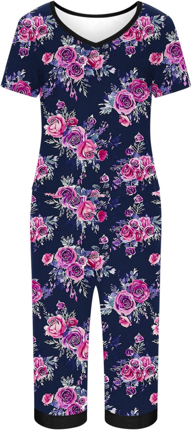 Women's Pajama Set Floral Print Short Sleeve Shirts and Capri Pants Sleepwear 2 Piece Pjs Sets with Pockets