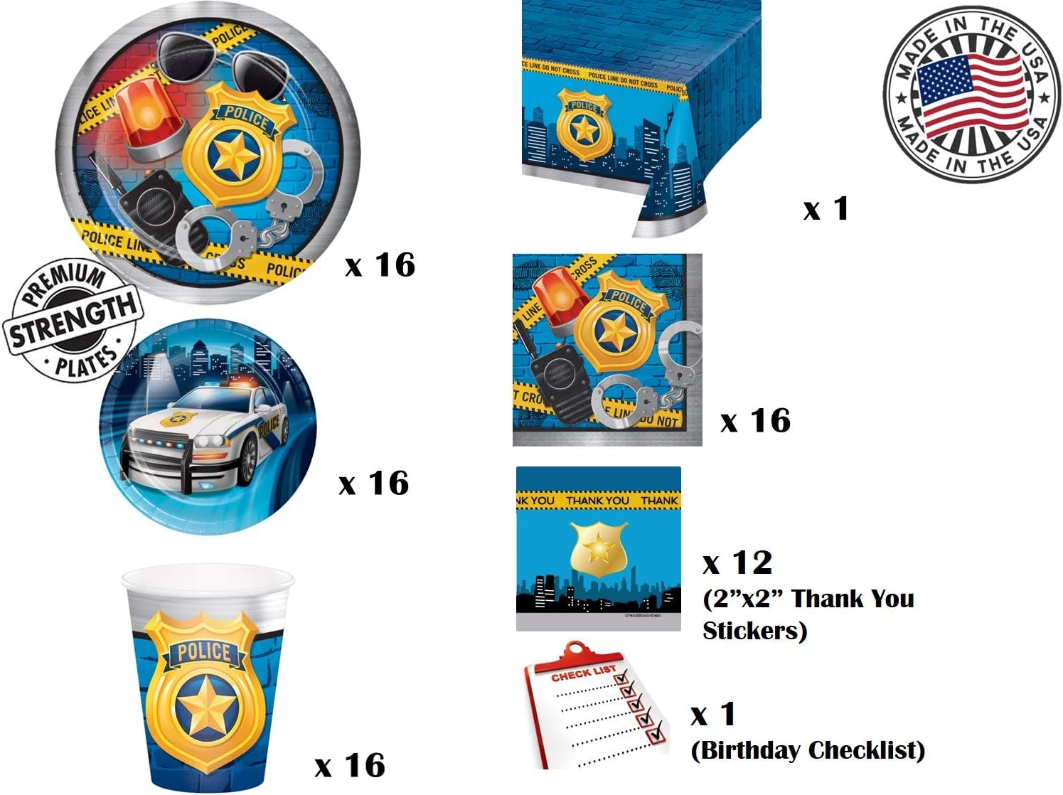 Police Officer Party Pack - Dinner & Dessert Plates, Napkins, Cups, Tablecover, Birthdays, Police Celebrations (16 Guests) : Home & Kitchen