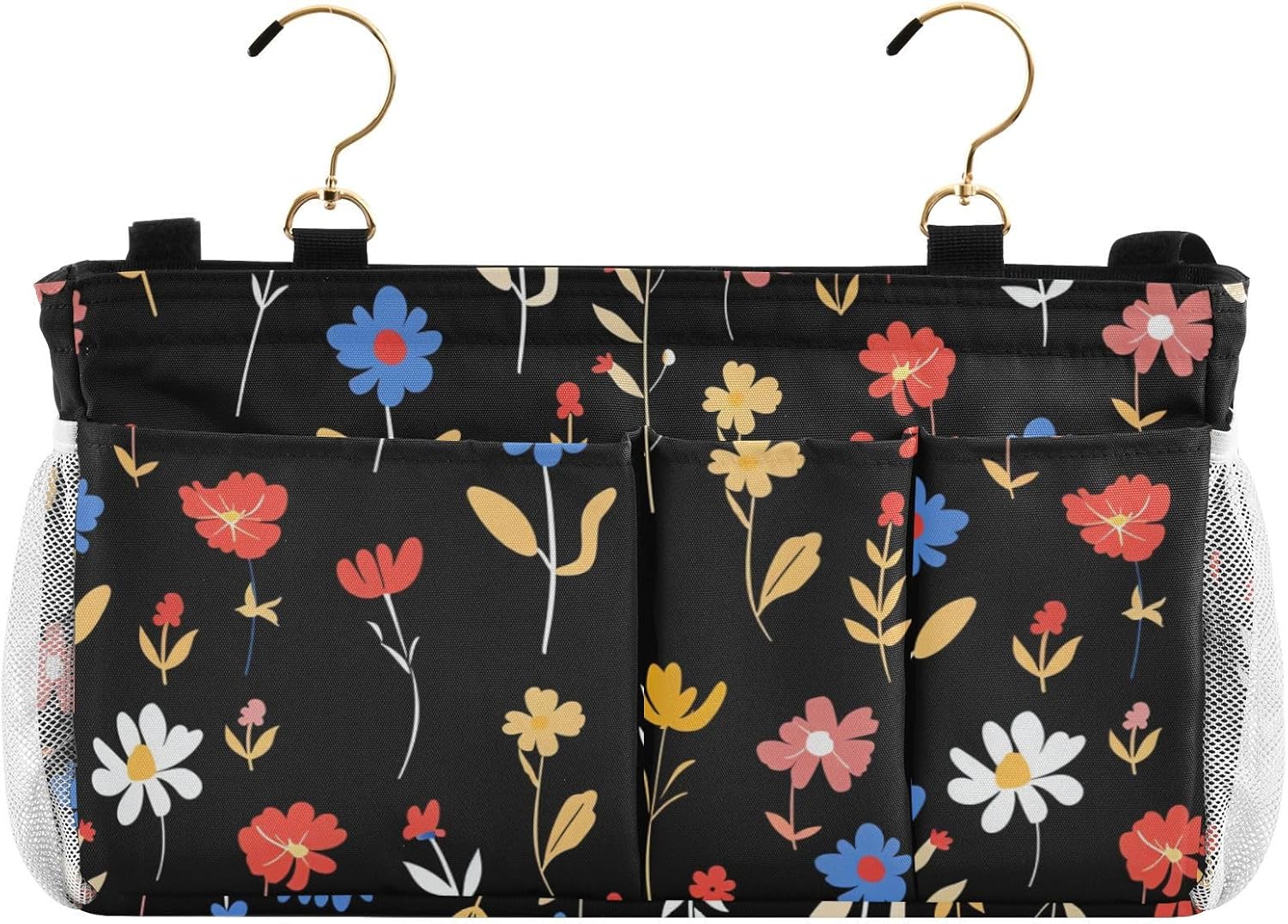 Bedside Storage Bed Organizer Bed Hanging Bag for TV Remote Control, Phones, Magazines, Tablets, Accessories Cute Colorful Wildflowers Black