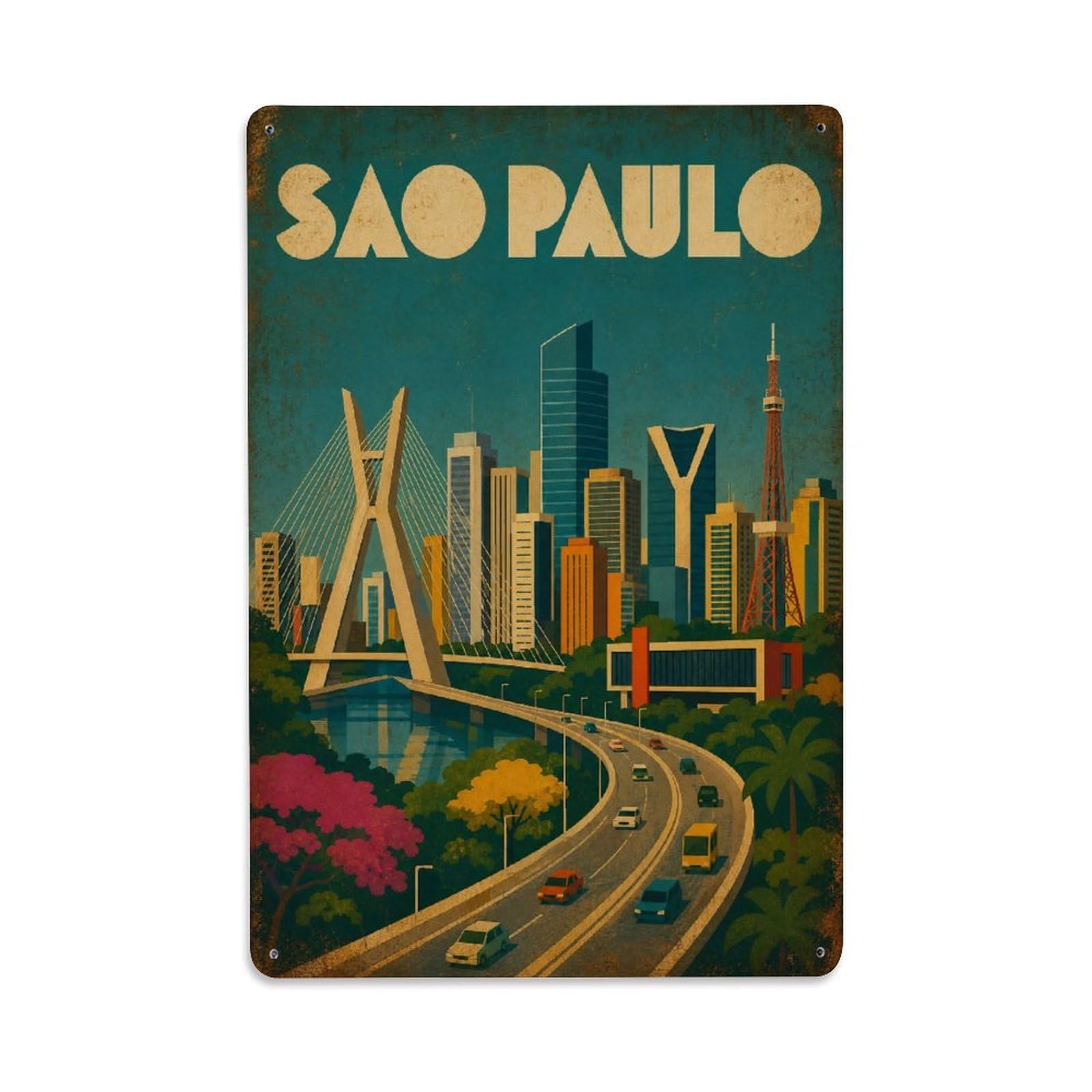 Metal Tin Sign Vintage Travel Brazil Sao Paulo