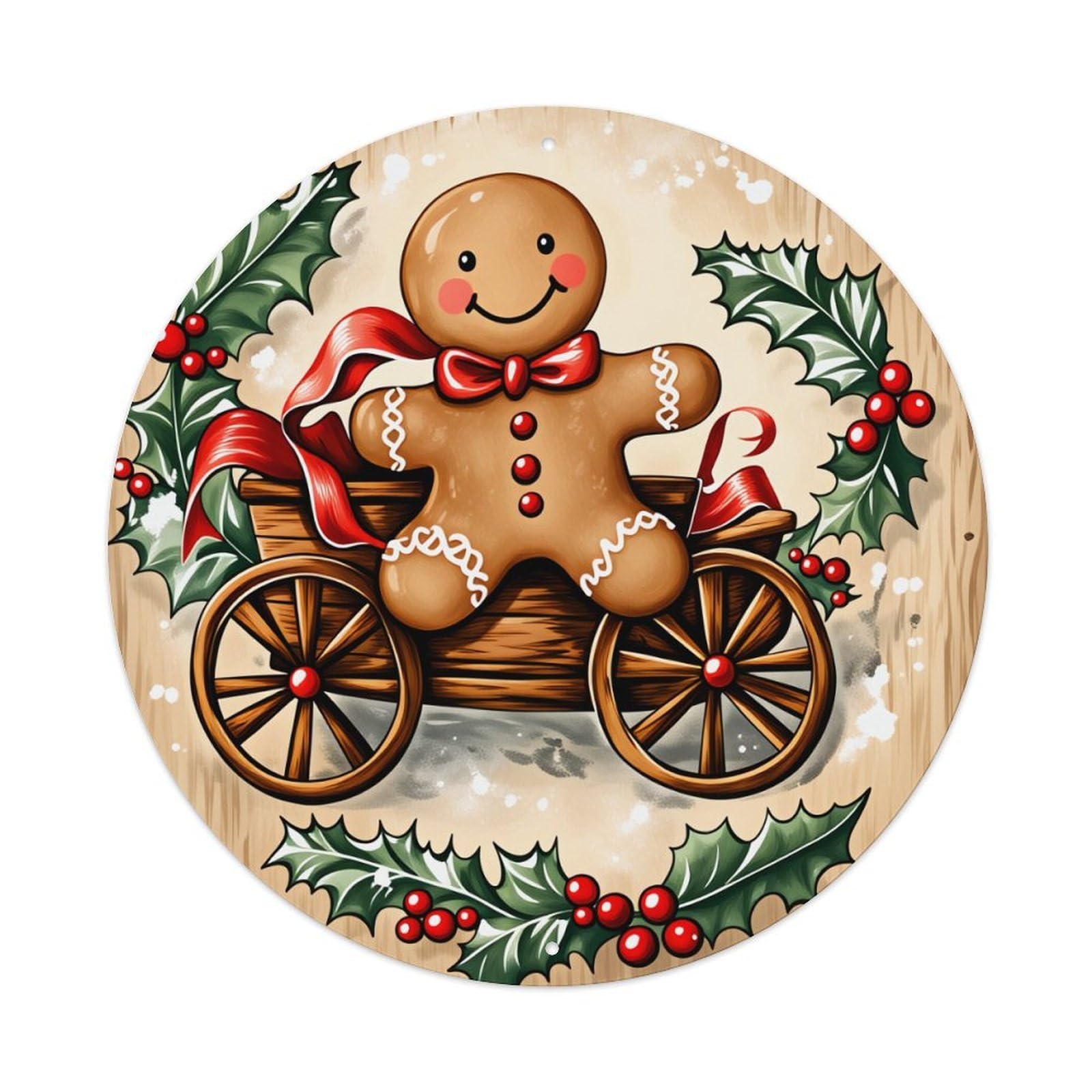 Gingerbread Man Cart Holiday Decor Round Tin Sign Vintage Style Metal Sign Home Bar Garden Wall Plaque Decor Metal Poster 8x8 Inch