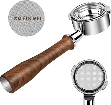 KOFIKOFI 58mm Bottomless Portafilter For Gaggia Classic Pro, Gaggia Classic Evo Pro, Gaggia Carezza, Gaggia Cubika Plus, 2-Ears Genuine American Walnut Naked Portafilter Included 18g Filter Basket