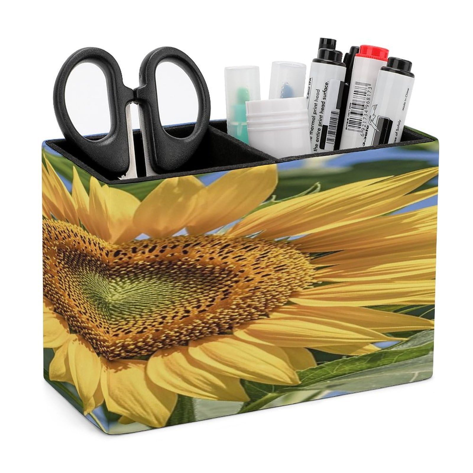 LZQPOEAS Sunflower Leather Pen Holder with 2 Compartments Luxury Pencil Holder Minimalist Pencil Cup Brush Scissor Holders Elegant Pen Cup for Office Home Desk Accessories
