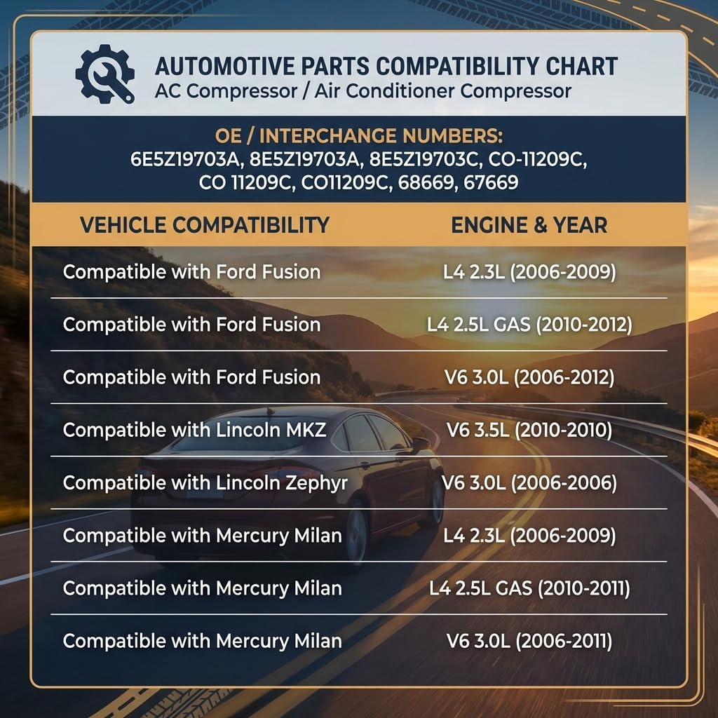 CO11209C 68669 A/C Air Conditioner AC Compressor W/Clutch Fits for Ford Fusion 2006-2012 for Lincoln MKZ 2010 for Lincoln Zephyr 2006 for Mercury Milan 2006-2011 2.3L 2.5L 3.0L 3.5L