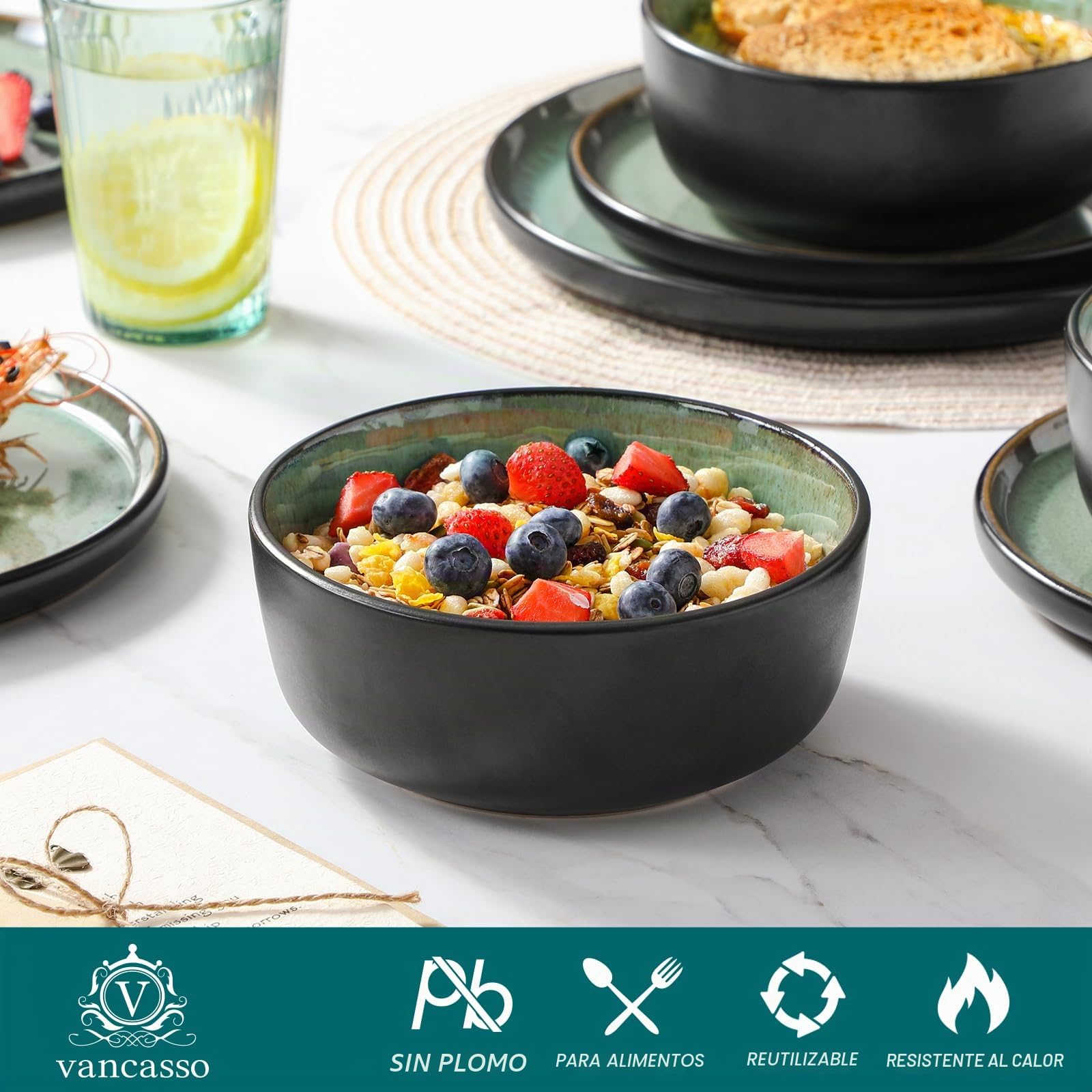 vancasso AMBER Juego de Vajilla Completo para 6 Personas, Plato Vajilla 24 Piezas de Gres - Platos Llanos, Platos de Postre, Ensaladeras y Cuencos - Apto para Lavavajillas, Esmalte Reactivo Verde