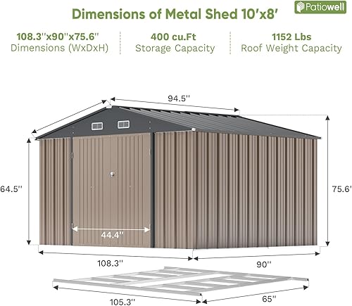 Vista 100 de Patiowell - Cobertizo de almacenamiento de 10 x 12 pies para herramientas, de metal y con puertas con cerradura, para exteriores, jardín, patio Gris
