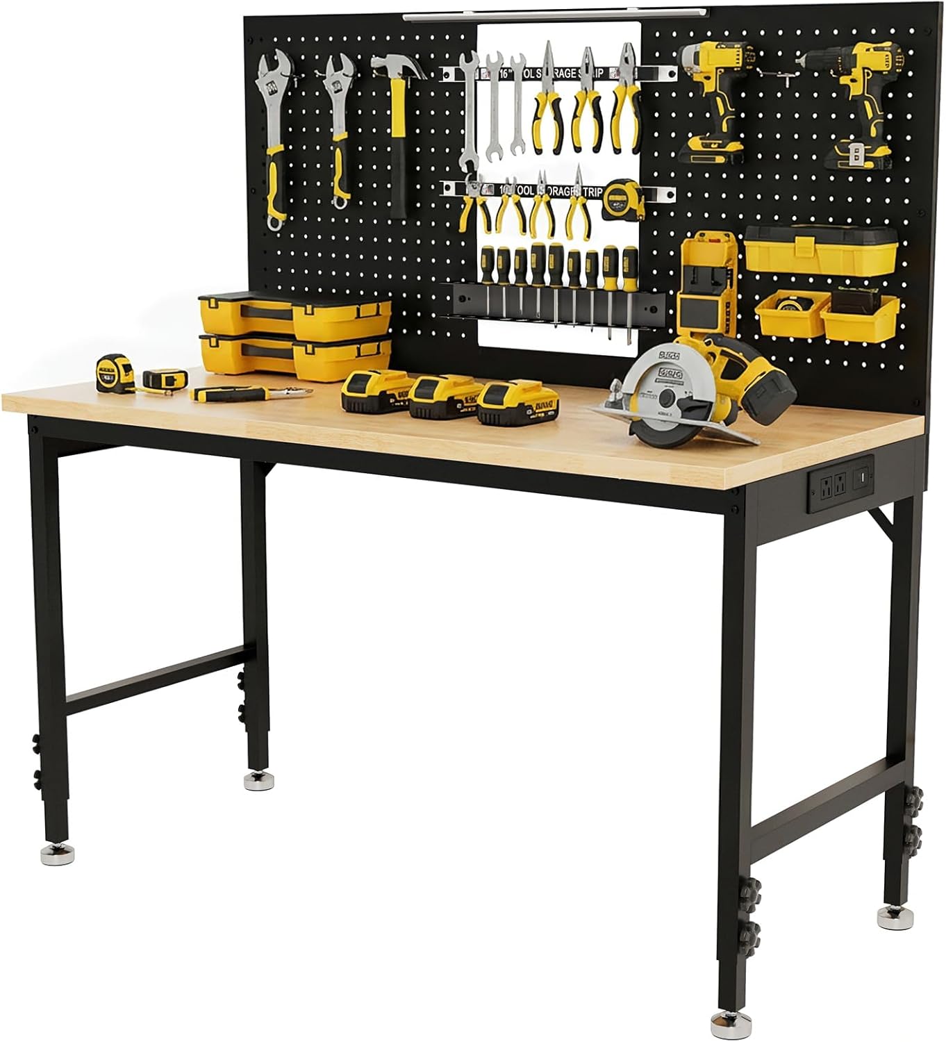 47.2'' Work Bench with Tool Holders, Adjustable Height Workbench with Pegboard, LED Light, Max Load 2000 LBS Work Table, Built-in Power Strip, Heavy Duty Tabletop for Woodworking Shop, Garage, Office