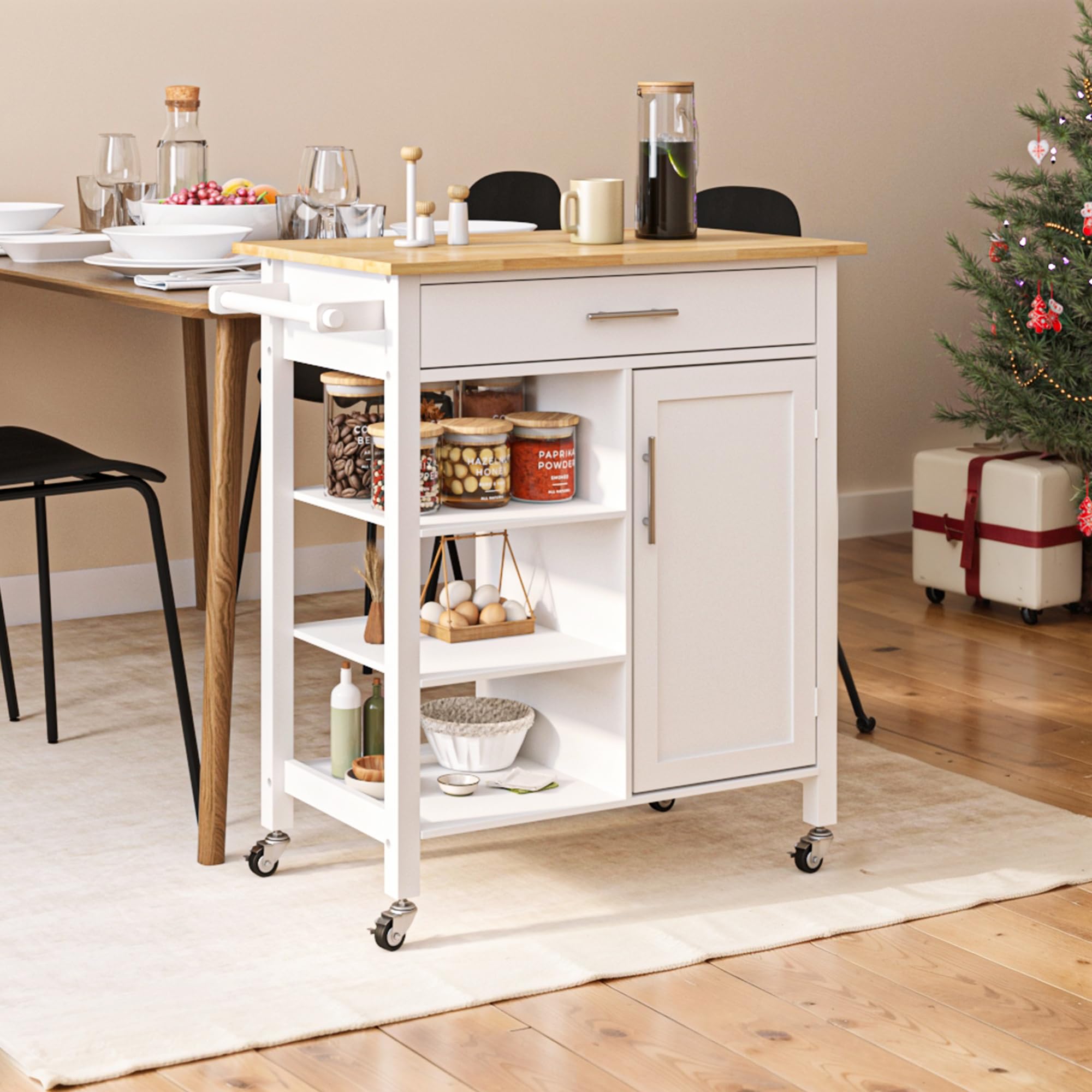 SogesHome Chariot de cuisine mobile îlot de cuisine sur roulettes avec grand tiroir 3 étagères et armoire avec porte et 2 étagères intérieures pour le rangement, 80 x 47 x 91,5 cm