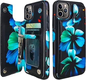 HAOPINSH Wallet Case with Card Holder for iPhone 11 Pro Max, Blue Floral