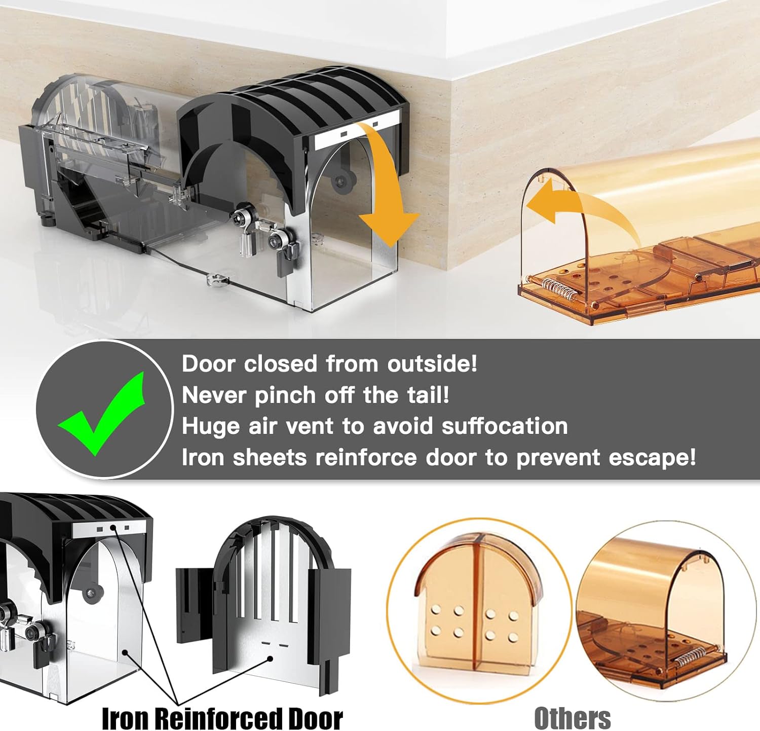 IIWEY Humane Mouse Traps, 8.9 inches Enlarged No Kill Rat Trap, Reusable Catch and Release Mice Traps, Pet and Children Friendly Mouse Trap That Work (2 Pack)