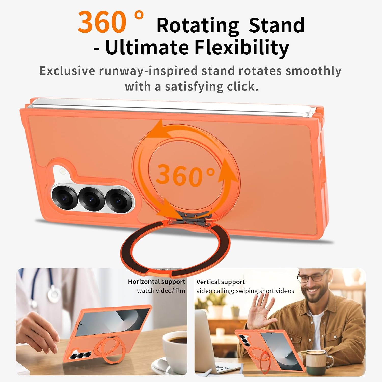 Magnetic Case for Samsung Galaxy Z Fold6, 360-Degree Rotating Stand, Soft-Touch Finish, Wireless Charging Support, Shock-Absorbing Protection (Orange)