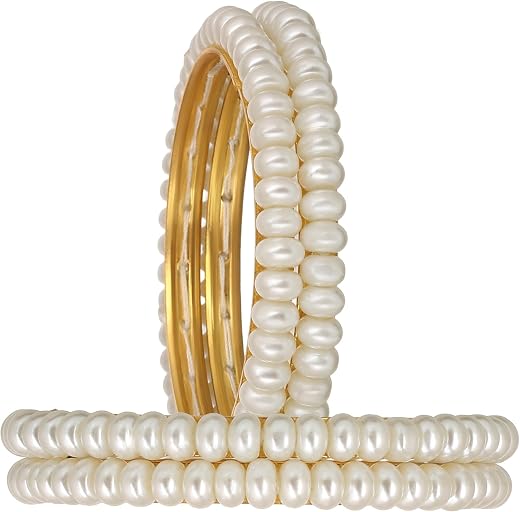 Elegant Gold Plated Bangles Set for Women - Set of 4 - Indian Traditional Jewellery With White Faux Pearls - Wedding Ethni...