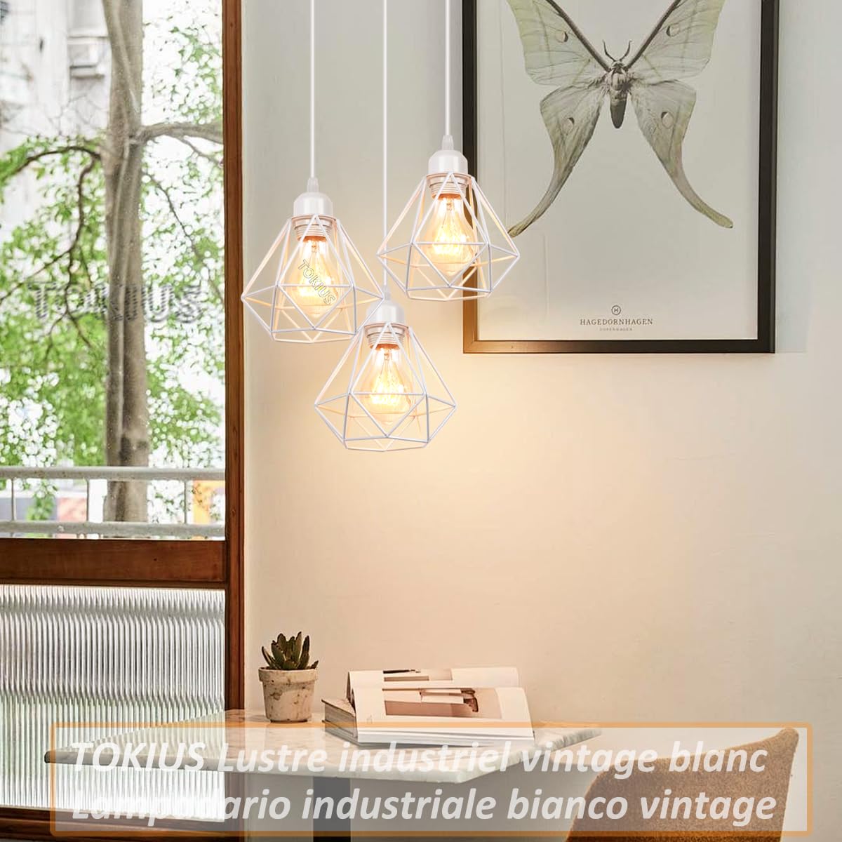 Lampadario a sospensione 3 Luci Vintage Plafoniera Industriel Lampadario vintage da soffitto E27 Design Gabbia ferro Bianco Ø160mm Per Soggiorno Cucina Camera da letto