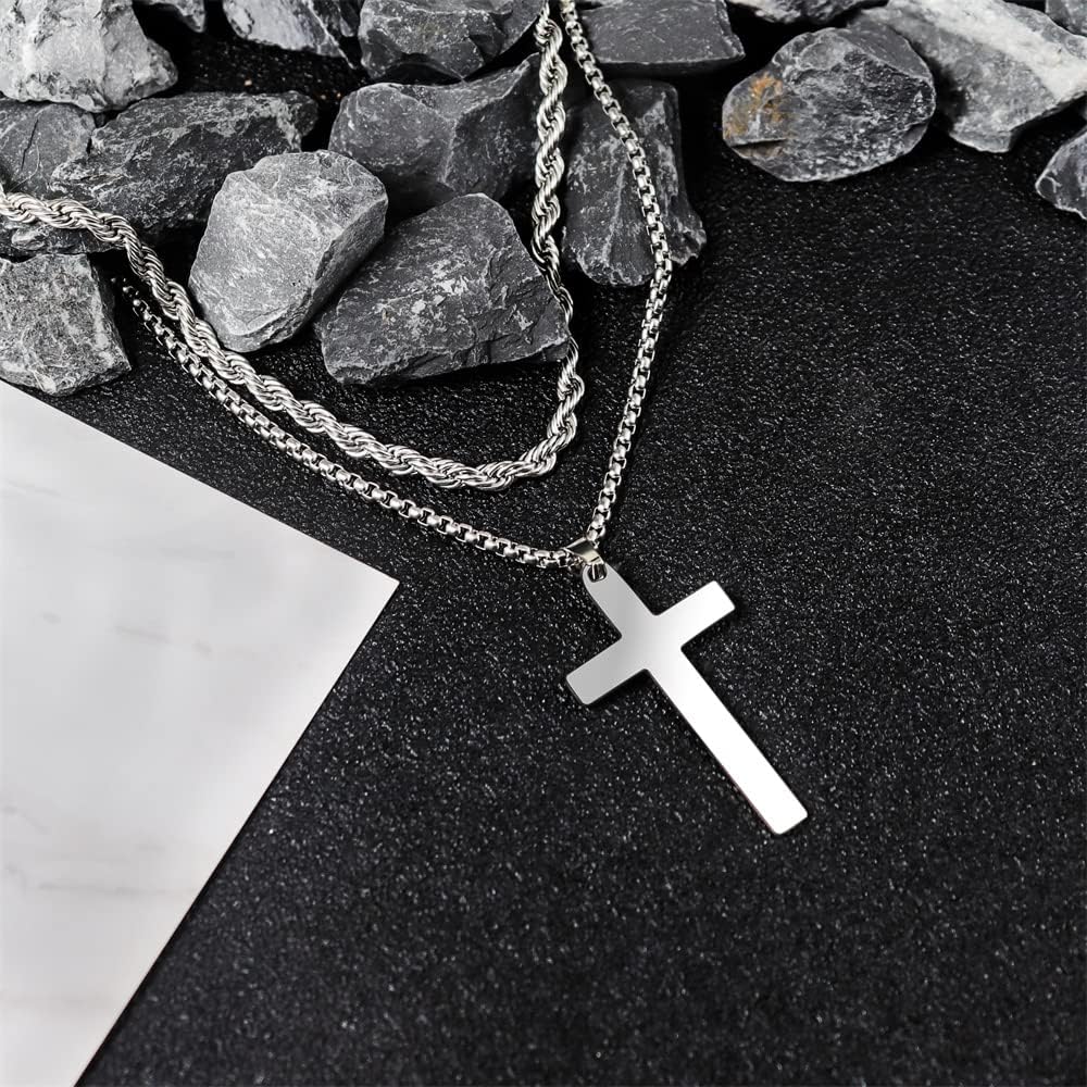 COLORFUL BLING Minimatli Layered Cross Pendant Necklace Stainless Steel Figaro Link Box Chain 18K Gold Silver Black for Men Women Christian Religious Prayer Jewelry-Silver - Image 2