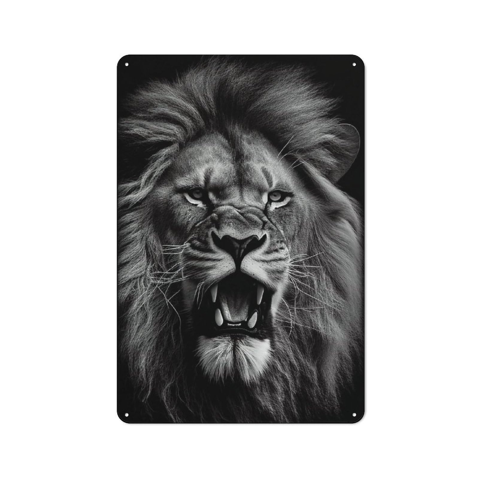 Junmoney Angry Lion Black And White Decorative Tin Sign 30X20cm, Old Fashioned Old Style Wall Plaque For Lounge, Study, Pub Or Wall Gallery