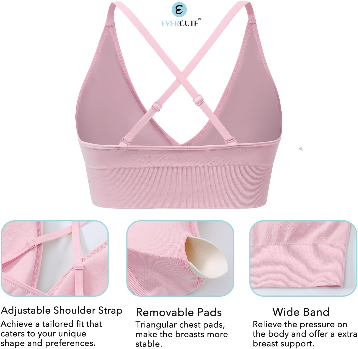 Evercute Women's Sports Bras 3/4 Pack Adjustable Deep V Neck Bras Wireless Spaghetti Strap Criss Cross Padded Low Support Bra - Image 3