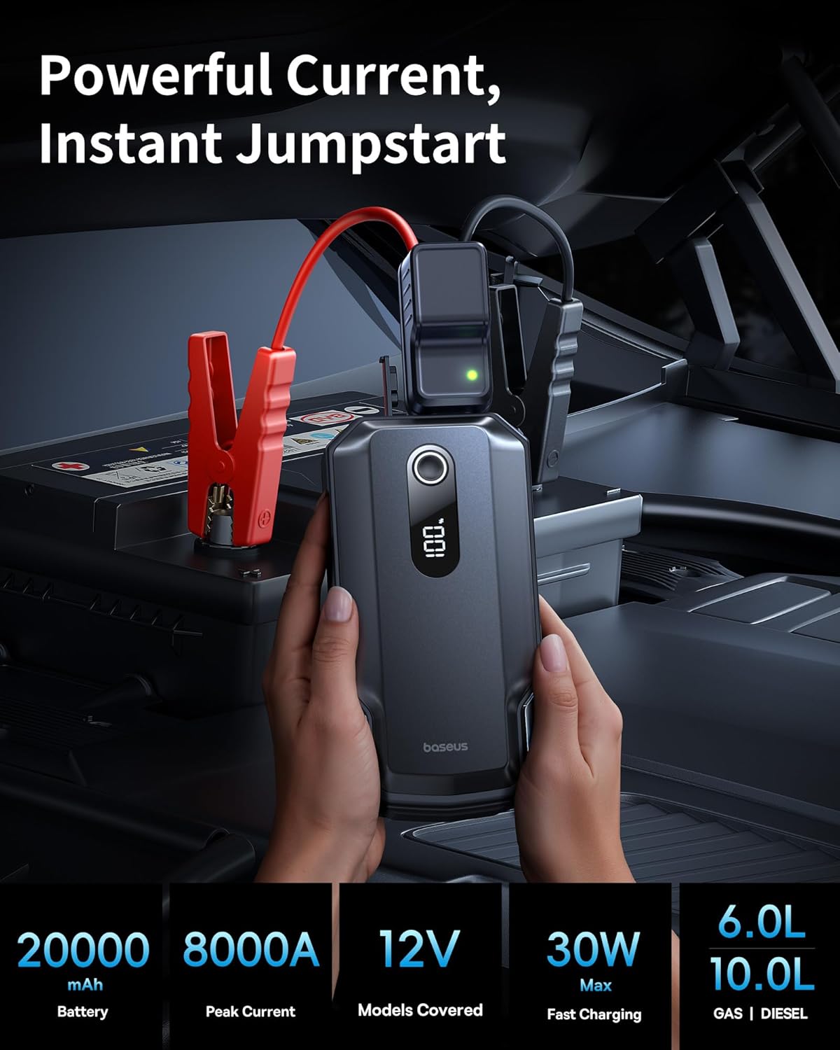 Baseus 8000A Jump Starter, 20000mAh Portable Jump Starter Battery Pack, 12V Car Battery 5 in 1 Jump Starter with 30W Fast Charging and LED Display, for Up to 10.0L Gas 6.0L Diesel Engines