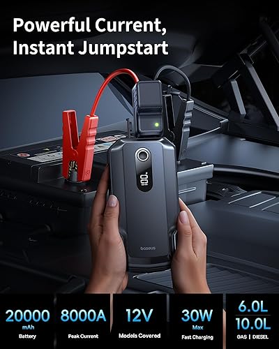 Miniatura 8 de Baseus Arrancador de salto, batería portátil de arranque de 20000 mAh, batería de coche de 12 V 5 en 1 con carga rápida de 30 W y pantalla LED, para