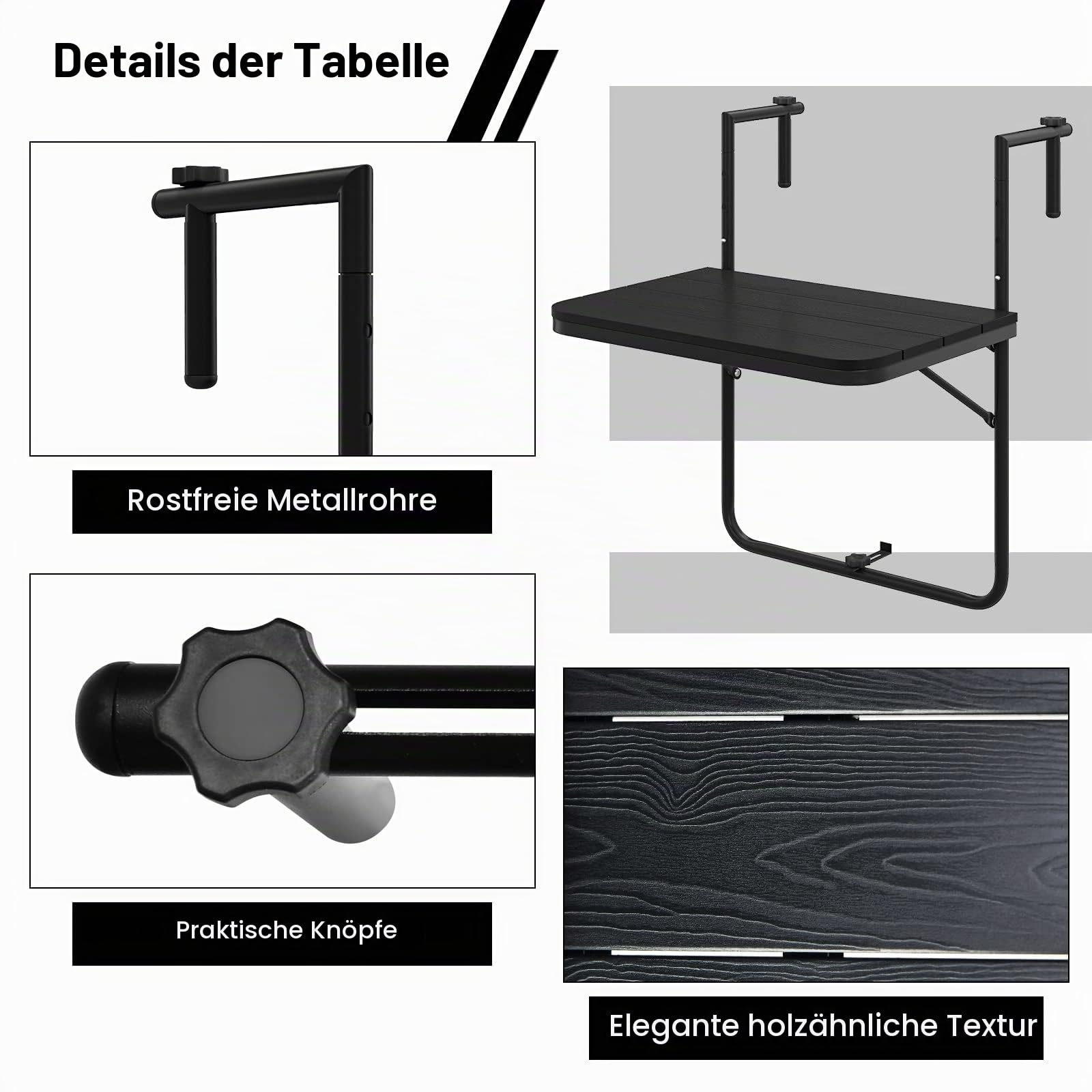 GIANTEX Balkontisch klappbar hängend, Hängetisch Klapptisch Balkon zum Einhängen, Balkonhängetisch in 3 Stufen höhenverstellbar, Gartentisch wetterfest, Hängetisch klein Outdoor-Tisch (Anthrazit)