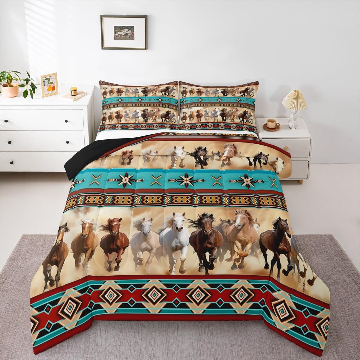 Horse Bedding Set Full Size Western Rustic Farmhouse Style Comforter Set,Boho Wild Farm Animal Horse Print Comforter Bohemian Exotic Style Duvet Insert Indian Aztec African Tribal Vintage Quilt