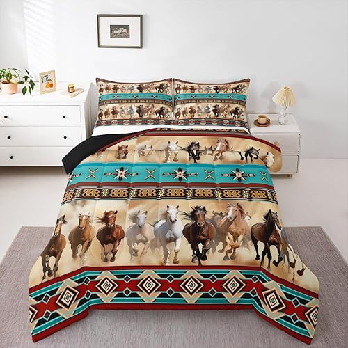 Erosebridal Juego de edredón de caballo azteca para niñas, juego de ropa de cama de animales de granja occidental, tamaño King, decoración rústica
