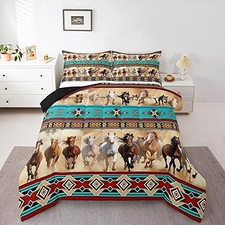 Horses Comforter Set Twin Horse Themed Room Decor for Girls, Bohemian Native Aztec African Tribal Horse Print Bedding, Boho Western Rustic Farmhouse Bedroom Duvet Insert Exotic Style Quilts