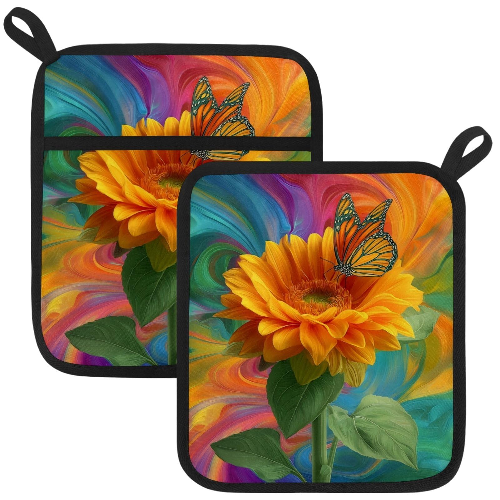 VAPOKF Daisy Butterfly Heat Resistant Pot Holders, Thick Pot Holders Pad with Hanging Loop for Kitchen, Oven Cloth Pads for Kitchen Baking Microwave Oven