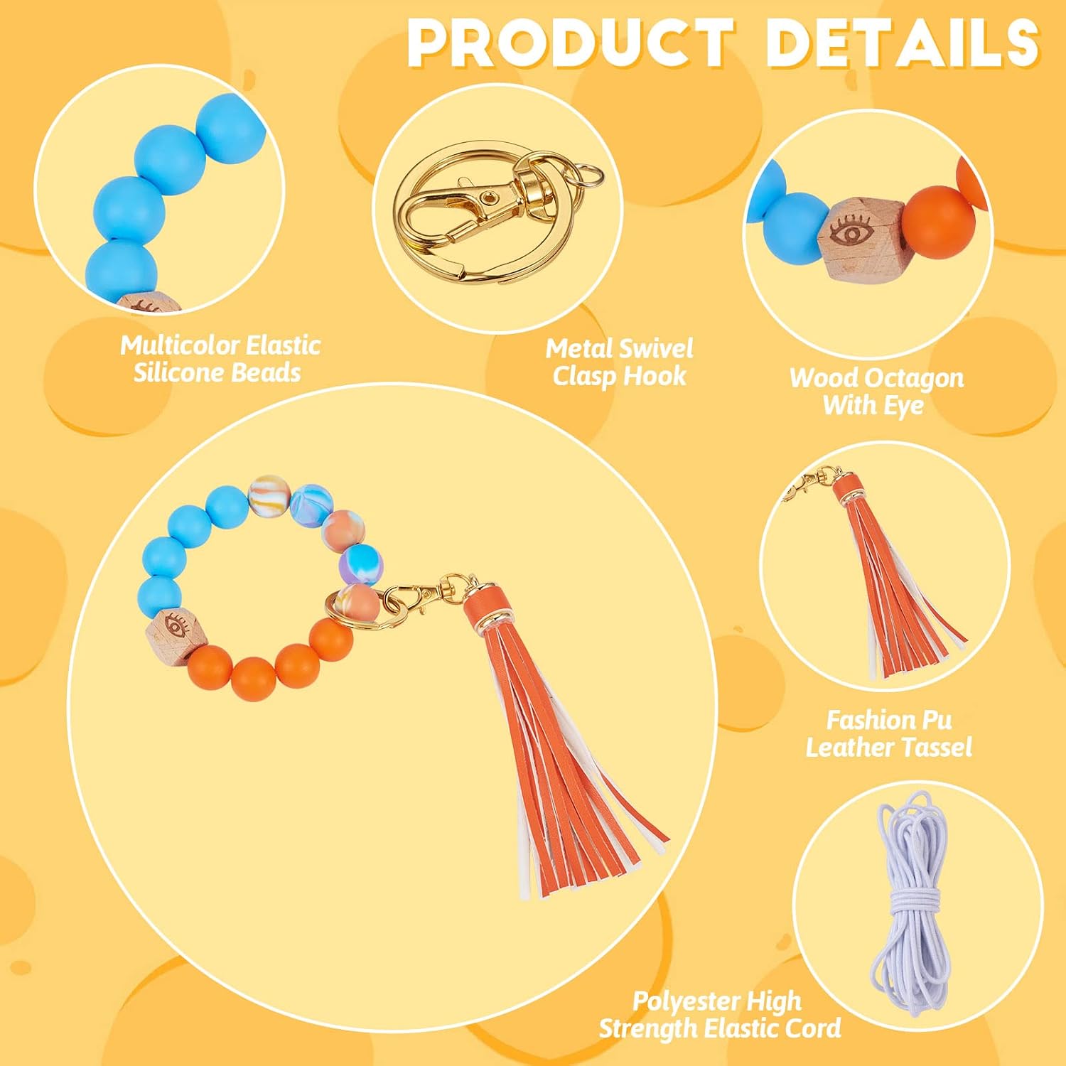 Craftdady Silicone Beads for Keychain Making 72pcs Round Lanyard Silicone Focal Beads 15mm fit Bracelet Car Phone Wristlet Craft Making & Wood Octagon Pendants Clasps