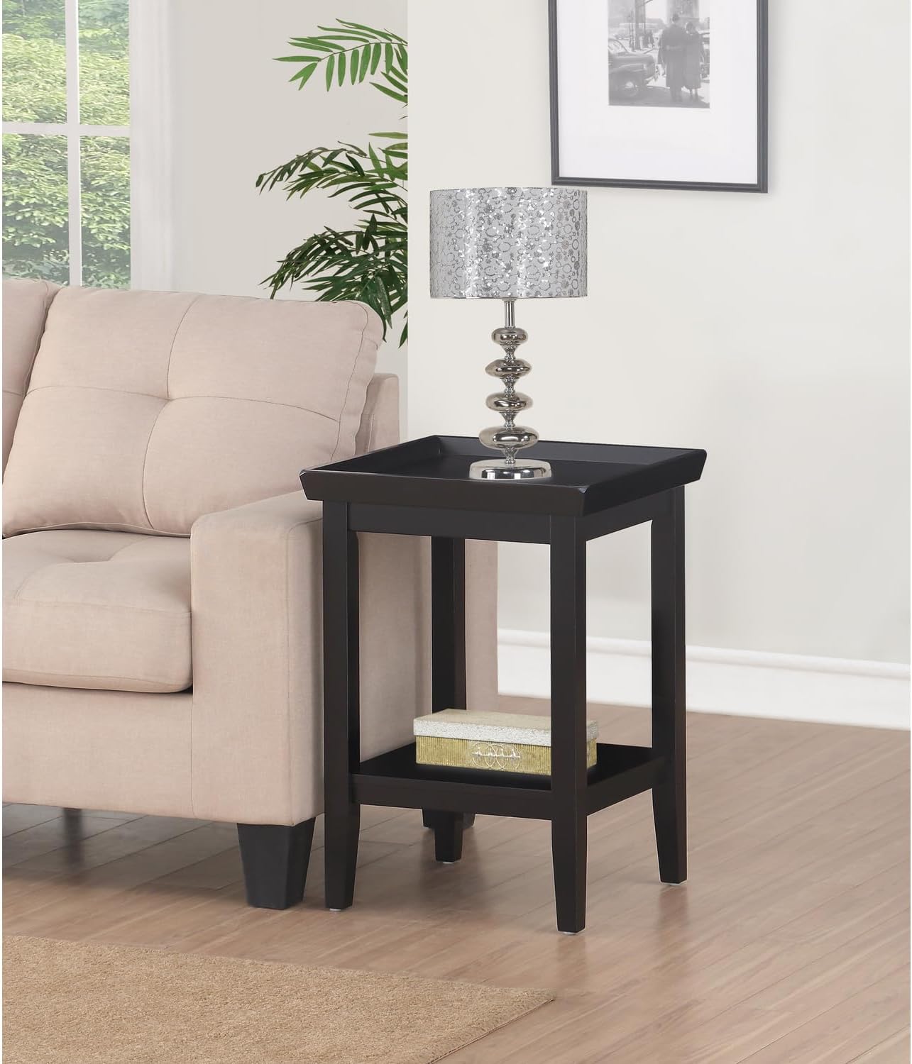 HomeStock End Table with Storage Shelf, Black Accent Table, Living Room Side Table, Modern Design, Rubberwood Construction