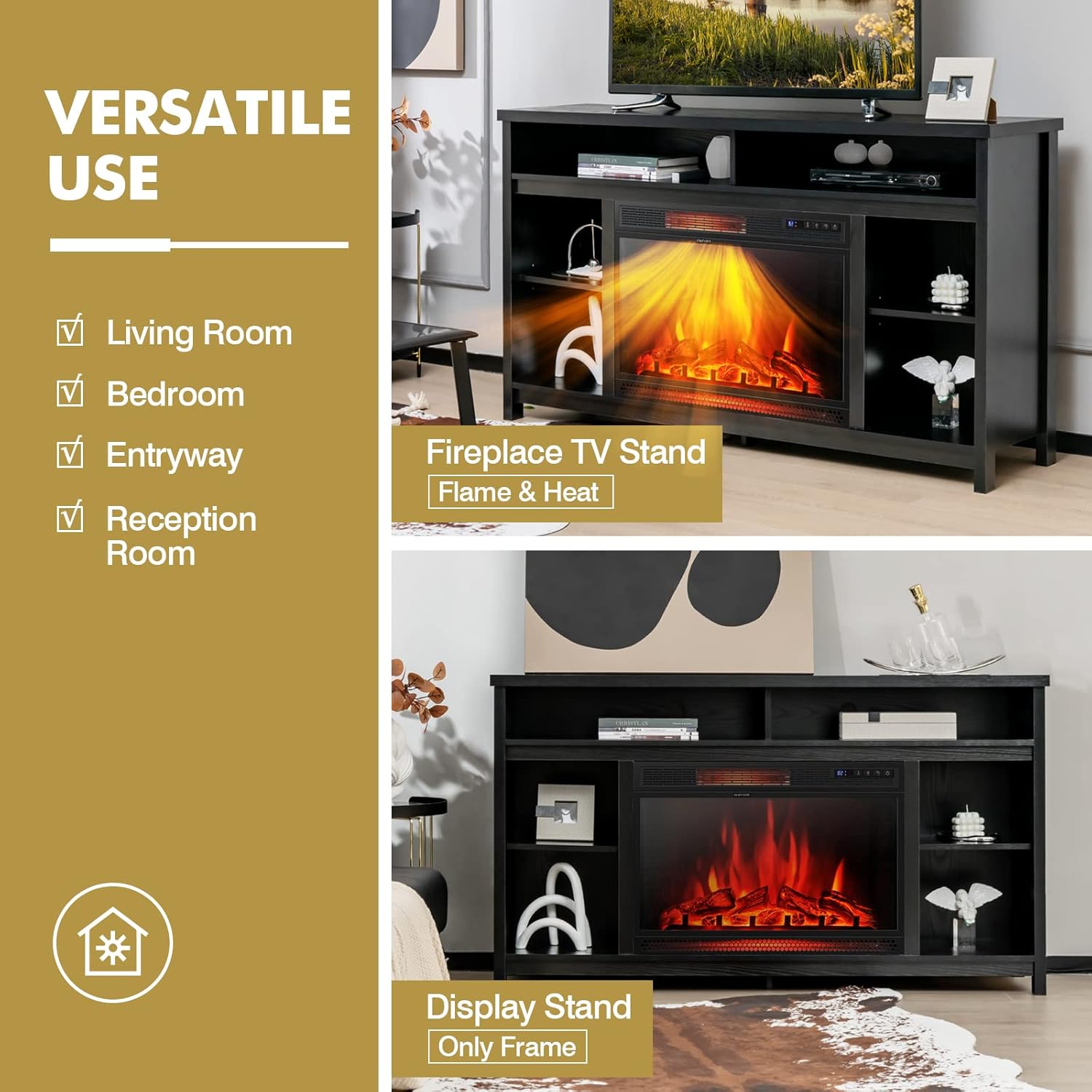 Tangkula 58 Inches Fireplace TV Stand for TVs up to 65 Inches, Modern Entertainment Center w/ 28 Inches Fireplace Insert, Remote Control, Electric Fireplace TV Console Table