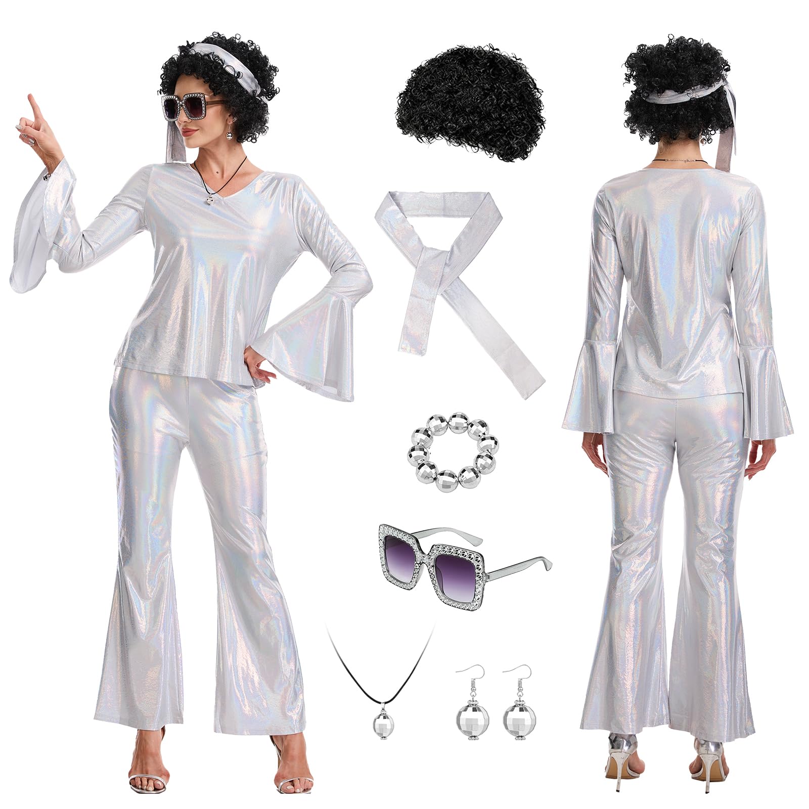 HZVRTN 70s Fancy Disco Outfits Women,70s Shiny Disco Costume Set for Carnival Halloween Cosplay Party (Silvery, L)