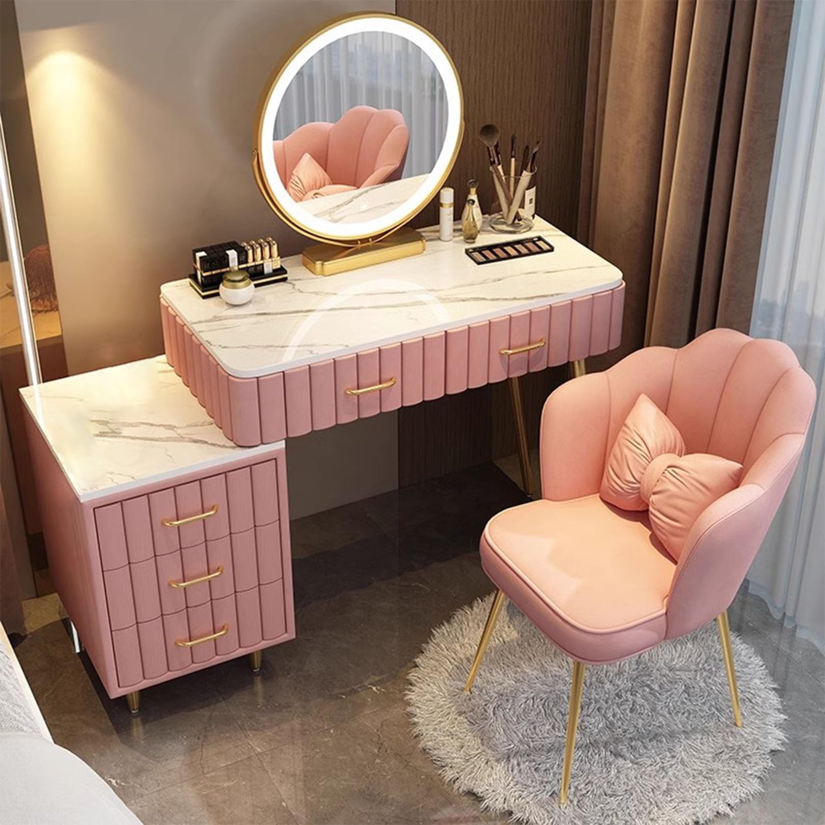 Set di tavolo da trucco rosa illuminato con sedia, elegante scrivania da 100 cm per ragazze, bambini e adolescenti, con cassetti per riporre trucchi e accessori