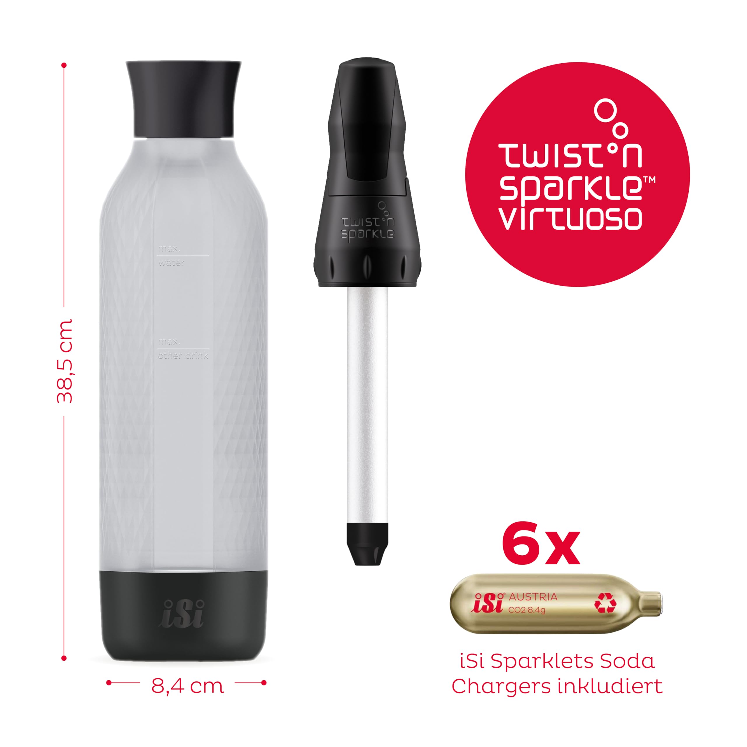 iSi Twist'n Sparkle Virtuoso Spruzzatore d'acqua 0,95 l – Soda Maker per acqua frizzante, succhi e cocktail – Sprudler & Soda Maker con custodia in silicone antiscivolo – Macchina alternativa per