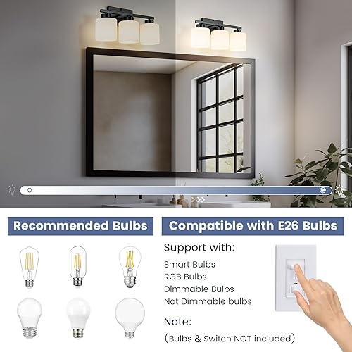 Miniatura 5 de Lámpara de tocador de baño de 3 luces, lámpara de baño negra, luces modernas para baño con pantallas de vidrio blanco lechoso, accesorios de