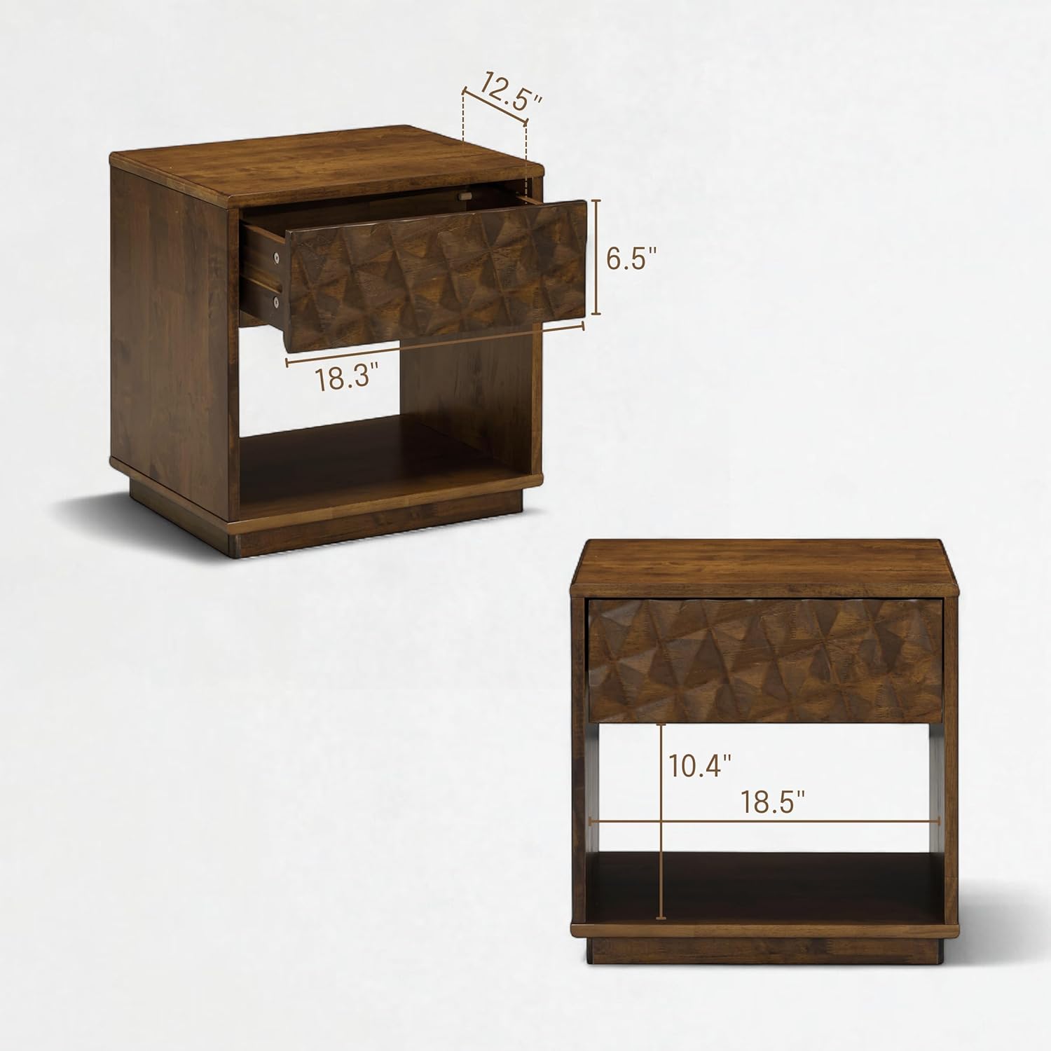 NTC Sapa Solid Wood Nightstand with 3D Carved Drawer Front – Modern Bedside Table with Open Shelf, Easy Assembled - Dark Walnut